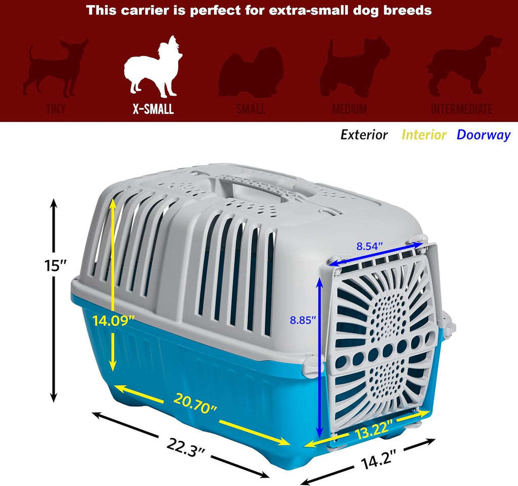 Blue hard‑sided pet carrier interior ventilation holes