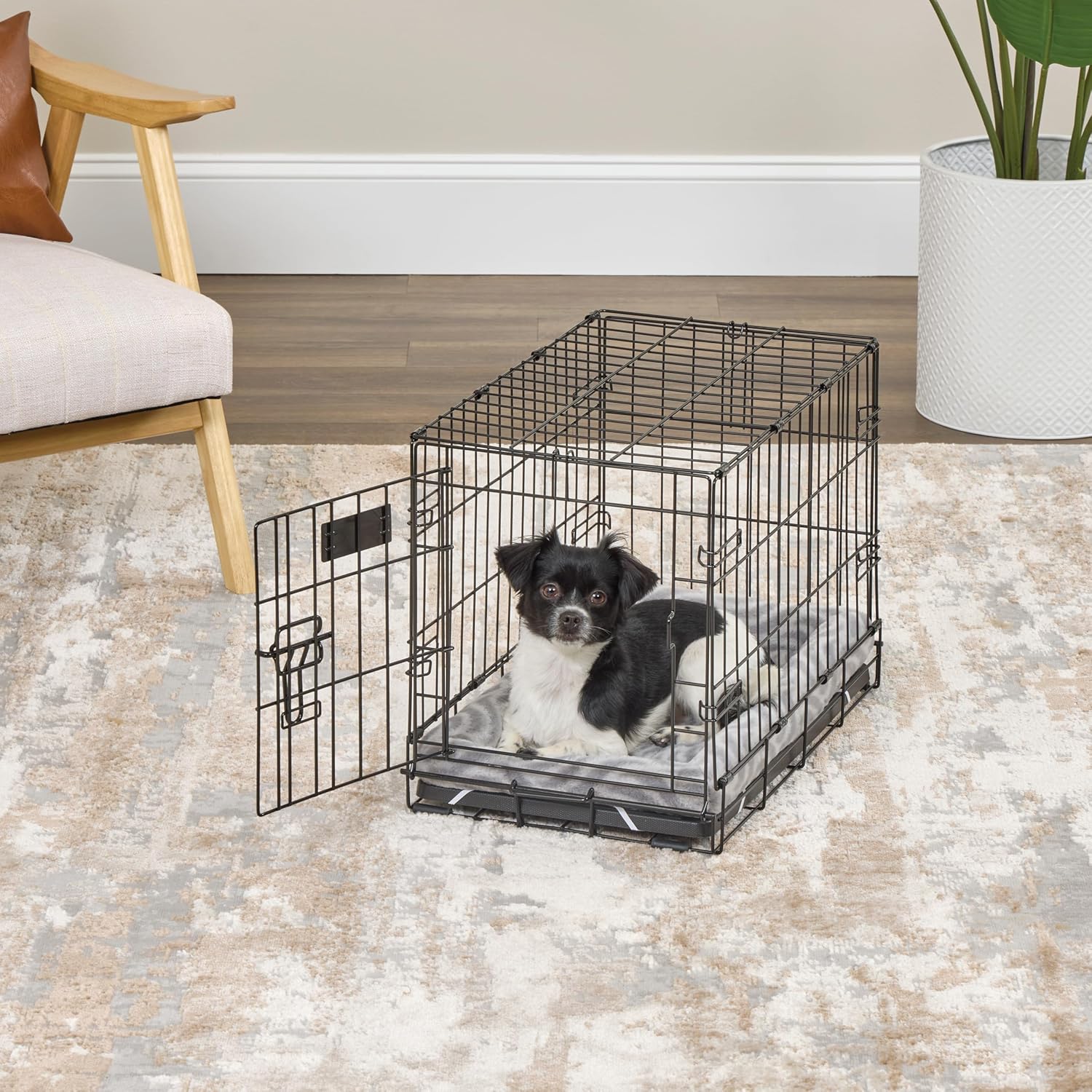 Gray pet bed in 22-inch dog crate setup