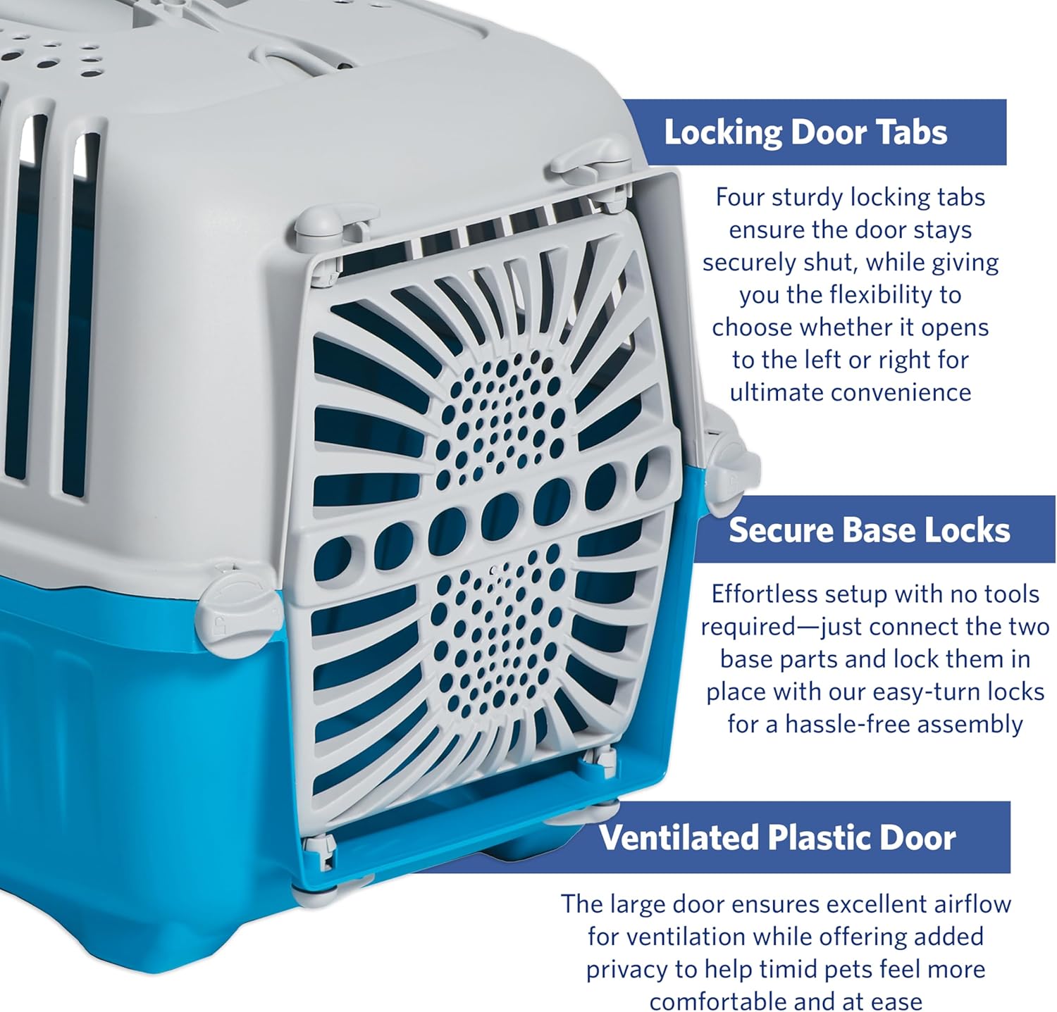 Side view blue pet carrier showing latch mechanism