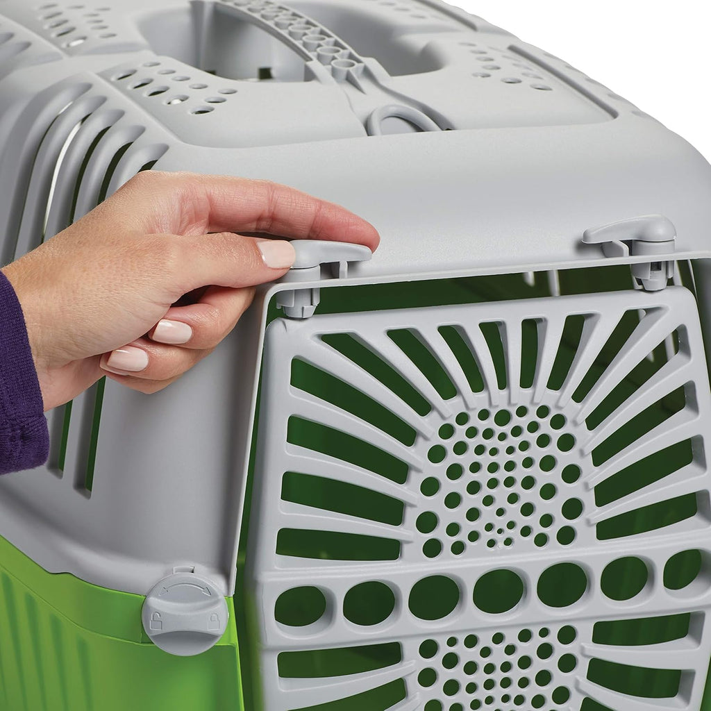 Strong handle on green pet carrier by Pet Prime