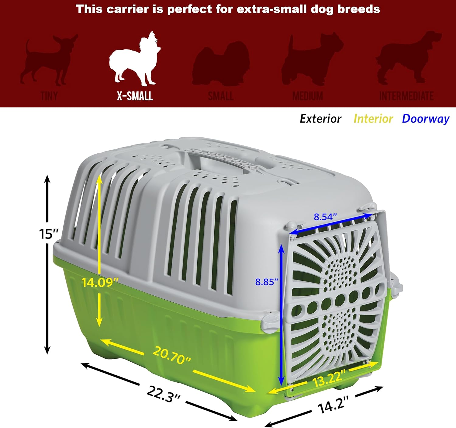 Top/side view green carrier showing dimensions outer