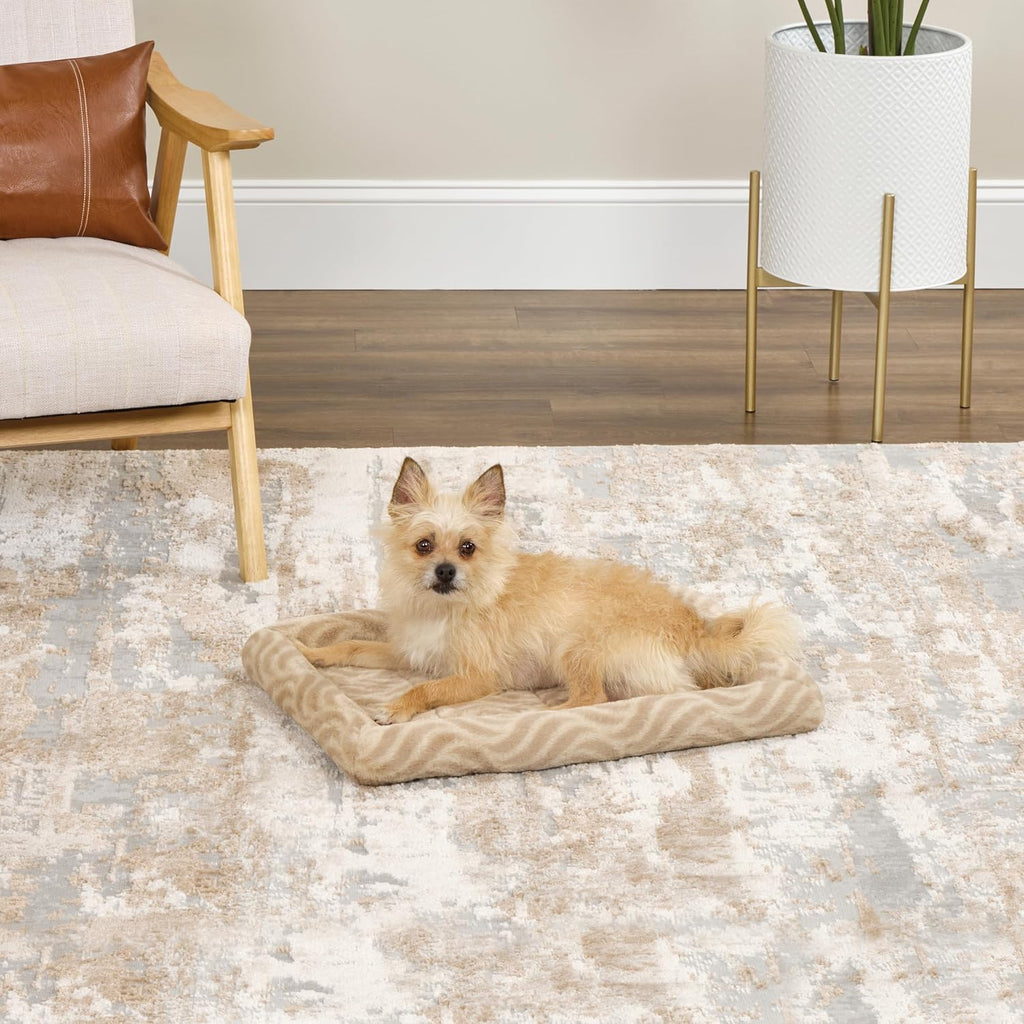 Wave Tan bolster dog bed inside a crate